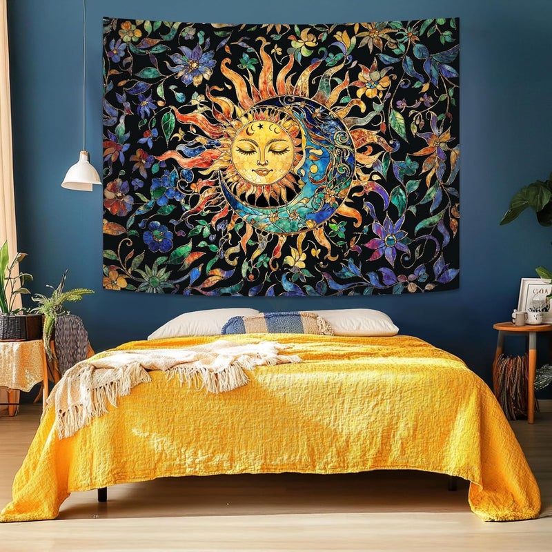 Aipon Sun and Moon Tapestry for Bedroom Boho Hippie Floral Wall Tapestry Aesthetic Vintage Stained Glass Plant Small Tapestries Wall Hanging for Living Room Dorm 48 x 36 Inch - Image 3